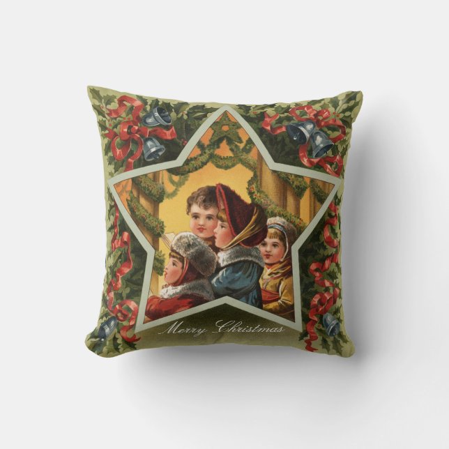 Frohe Weihnachts-Carolers Vintag Urlaub Kissen (Vorderseite)