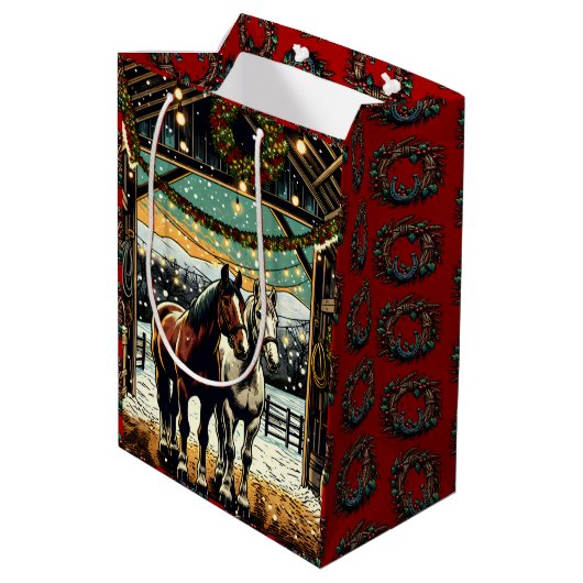 Frohe Weihnachts-Cartoon Pferde Mittlere Geschenktüte (Rückseite Schrägansicht)