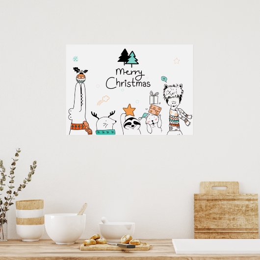 Frohe Weihnachts-Cartoon Tiere | Urlaub Poster (Küche)