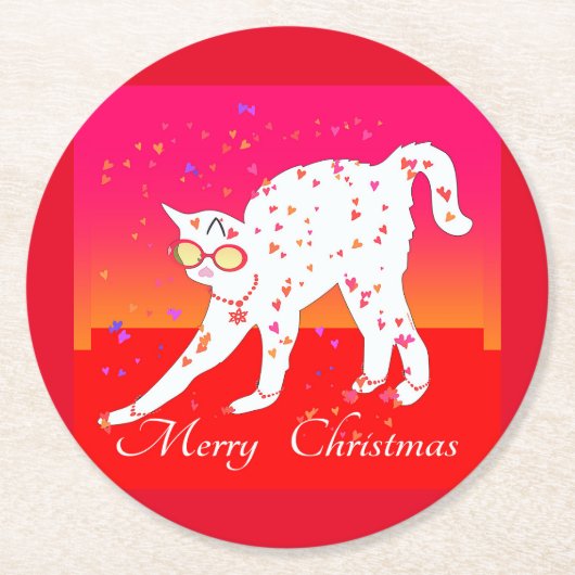Frohe Weihnachts Cat Holiday Runder Pappuntersetzer (Vorderseite)
