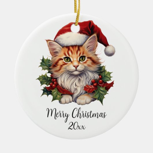 Frohe Weihnachts Cat Kitten Weihnachtsmannmütze Ho Keramik Ornament (Vorne)