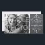 Frohe Weihnachts-Chalkboard Holiday Foto-Karte Feiertagskarte<br><div class="desc">Diese Karte hat alles! Passen Sie Ihren Familiennamen und das Jahr auf der Tafelwand an,  fügen Sie Ihr Foto auf den links hinzu und senden Sie es dann an alle Ihre Familie und Freunde. Das Hotel wurde im sehr beliebten Chalkboard-Stil gestaltet.</div>