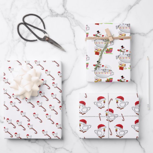 Frohe Weihnachts Chickens Wrapping Paper Snowman Geschenkpapier Set (Vorderseite)