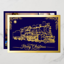 Frohe Weihnachts Choo-Zug Mitternacht Blue Gold Folien Feiertagskarte