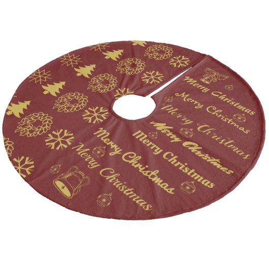 Frohe Weihnachts Collage Dark Red Gold Fleece Weihnachtsbaumdecke (Schrägansicht)