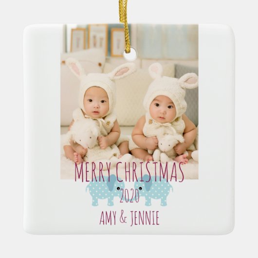 Frohe Weihnachts Custom Foto Twins Keramikornament (Vorderseite)