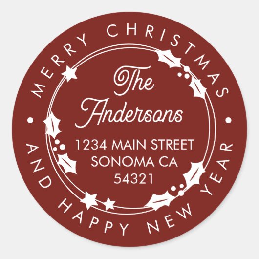 Frohe Weihnachts Custom Script Adresse Wreath Red Runder Aufkleber (Vorderseite)