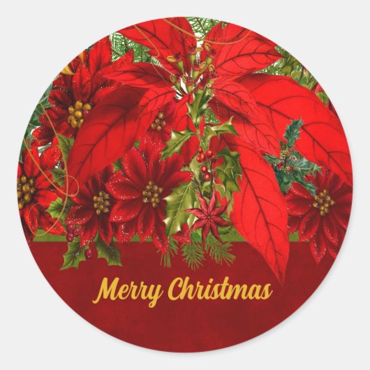 Frohe Weihnachts Custom Text und Poinsettia Runder Aufkleber (Vorderseite)