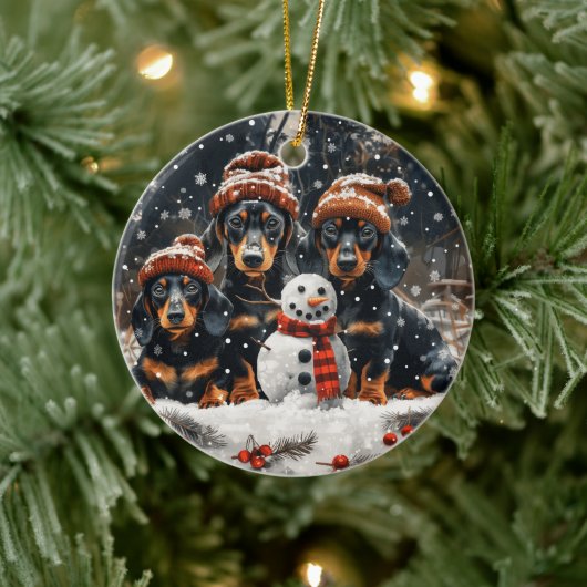 Frohe Weihnachts-Dackel Hunde Snowman Keramik Ornament (Baum)