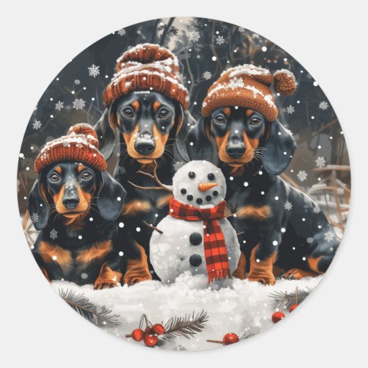 Frohe Weihnachts-Dackel Hunde Snowman Runder Aufkleber (Vorderseite)