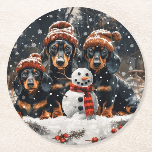 Frohe Weihnachts-Dackel Hunde Snowman Runder Pappuntersetzer (Vorderseite)
