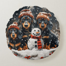 Frohe Weihnachts-Dackel Hunde Snowman Rundes Kissen