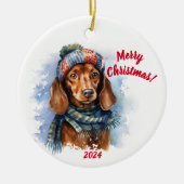 Frohe Weihnachts-Dackel: Wasserfarbe Keramik Ornament (Vorne)