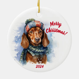 Frohe Weihnachts-Dackel: Wasserfarbe Keramik Ornament