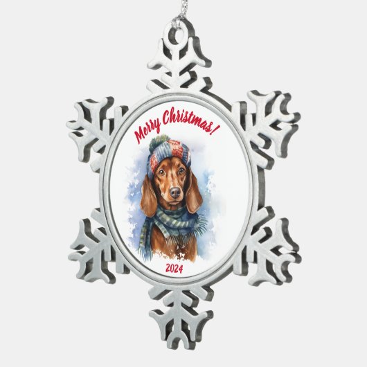 Frohe Weihnachts-Dackel: Wasserfarbe Schneeflocken Zinn-Ornament (Rechts)