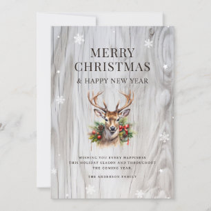 Frohe Weihnachts-Deer Holly Rustic Wood Snowflake Feiertagskarte