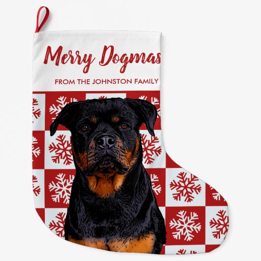 Frohe Weihnachts Dogmas Rottweiler Festive Red Dog Großer Weihnachtsstrumpf (Vorderseite)