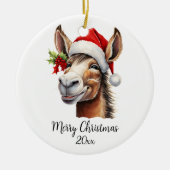 Frohe Weihnachts-Donkey in Weihnachtsmannmütze Hol Keramik Ornament (Vorne)