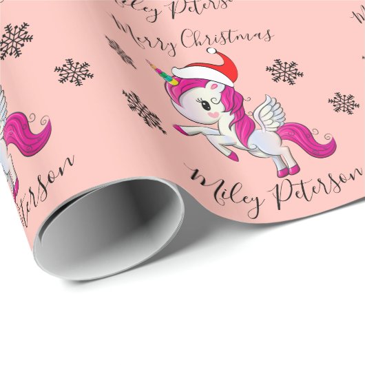 Frohe Weihnachts-Einhorn & Schneeflocken personali Geschenkpapier (Rolleneckpunkt)