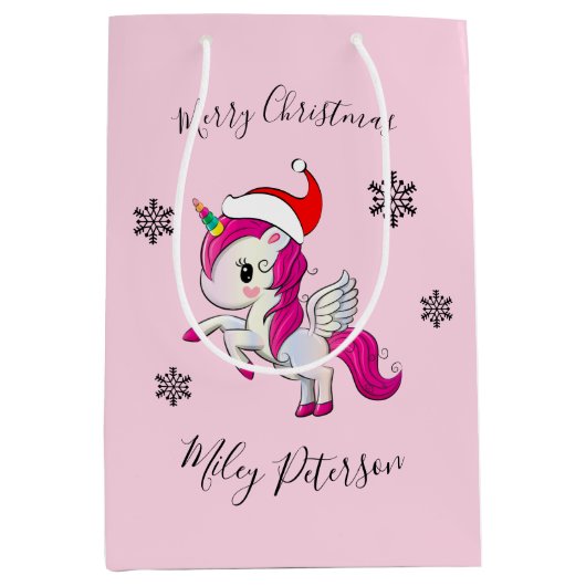 Frohe Weihnachts-Einhorn & Schneeflocken personali Mittlere Geschenktüte (Vorderseite)