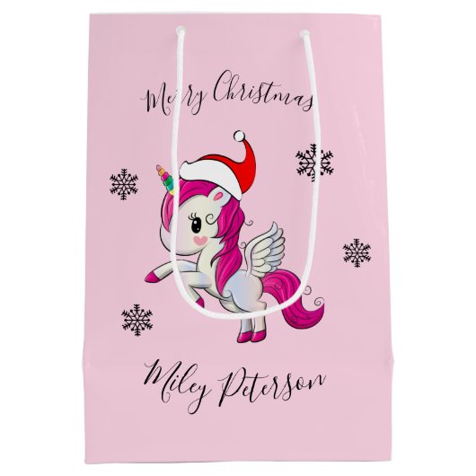 Frohe Weihnachts-Einhorn & Schneeflocken personali Mittlere Geschenktüte (Rückseite)