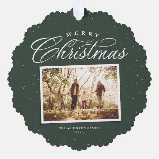 Frohe Weihnachts elegante vier Foto Collage grün Ornament Karte (Vorderseite)