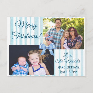 Frohe Weihnachts Familie Foto Blue Bow Postcard Feiertagspostkarte