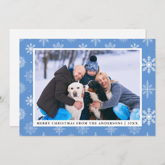 Frohe Weihnachts Familie Foto Blue Snowflakes Card Einladung (Vorne/Hinten)