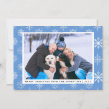 Frohe Weihnachts Familie Foto Blue Snowflakes Card