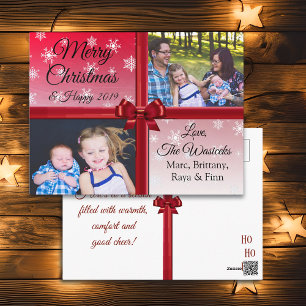 Frohe Weihnachts Familie Foto Burgundy Bow Feiertagspostkarte
