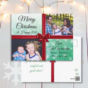 Frohe Weihnachts Familie Foto Burgundy Bow Feiertagspostkarte