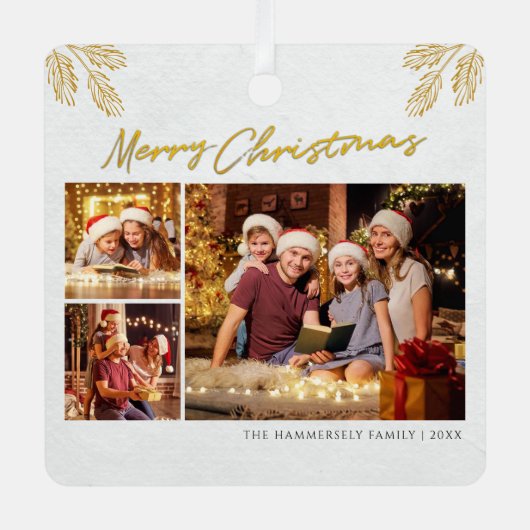 Frohe Weihnachts Familie Foto Collage Urlaub Ornament Aus Metall (Vorderseite)