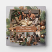 Frohe Weihnachts-Familie Foto Evergreen Gold Ribbo Fotoplatte (Vorderseite)