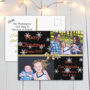 Frohe Weihnachts Familie Foto Gold Snowflakes Feiertagspostkarte