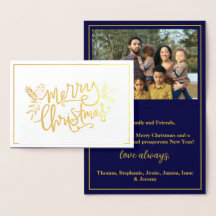 Frohe Weihnachts Familie Foto Navy Gold Foil Card
