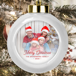 Frohe Weihnachts Familie Foto Rote Schrift Keramik Kugel-Ornament