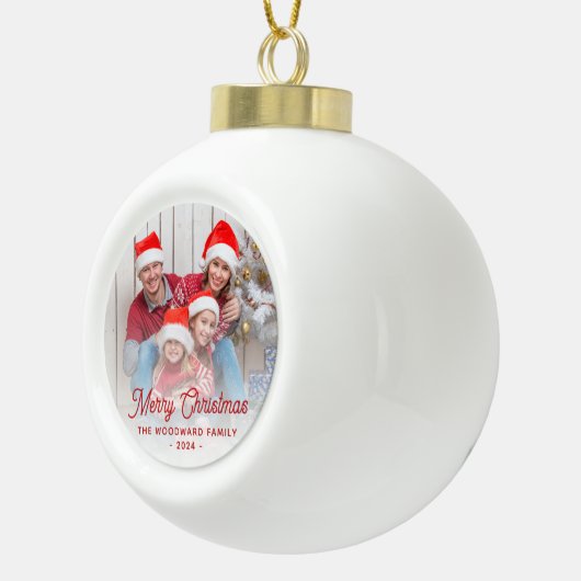 Frohe Weihnachts Familie Foto Rote Schrift Keramik Kugel-Ornament (Rechts)