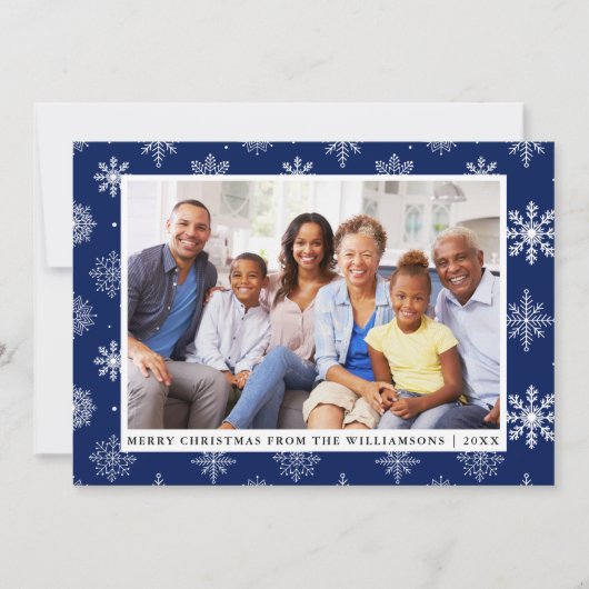 Frohe Weihnachts Familie Foto Snowflakes Blue Card Einladung (Vorderseite)
