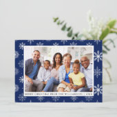 Frohe Weihnachts Familie Foto Snowflakes Blue Card Einladung (Stehend Vorderseite)