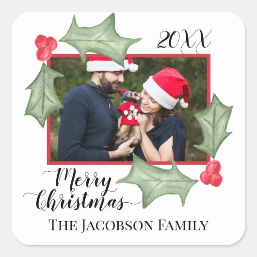 Frohe Weihnachts-Feier Holly Verlasse Foto Rahmen Quadratischer Aufkleber (Vorderseite)