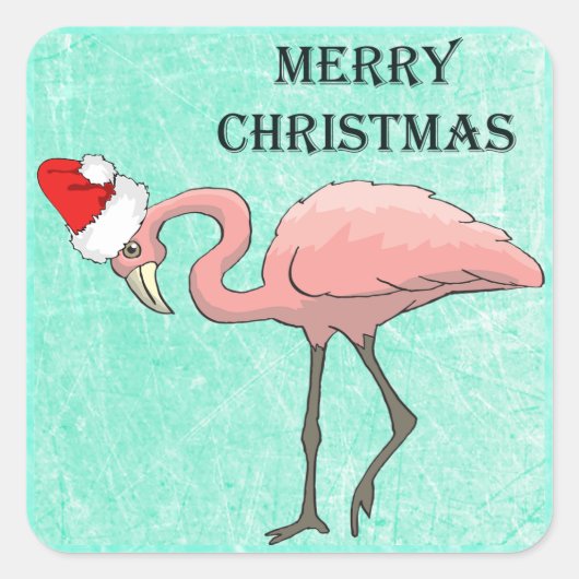 Frohe Weihnachts Flamingo in Weihnachtsmannmütze S Quadratischer Aufkleber (Vorderseite)