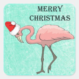 Frohe Weihnachts Flamingo in Weihnachtsmannmütze S Quadratischer Aufkleber