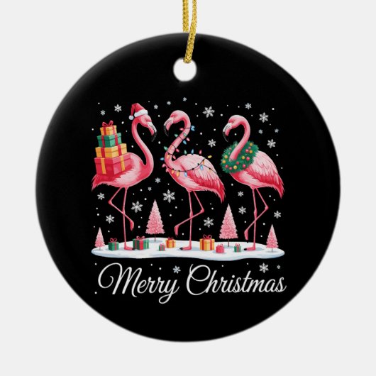 Frohe Weihnachts Flamingo Light Weihnachtsmannmütz Keramik Ornament (Vorne)