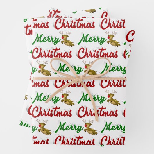 Frohe Weihnachts-Flying Rentier Rot-Grün-Skript Geschenkpapier Set (Beispiel)
