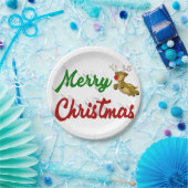 Frohe Weihnachts-Flying Rentier Rot-Grün-Skript Pappteller (Party)