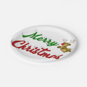 Frohe Weihnachts-Flying Rentier Rot-Grün-Skript Pappteller (Schrägansicht)