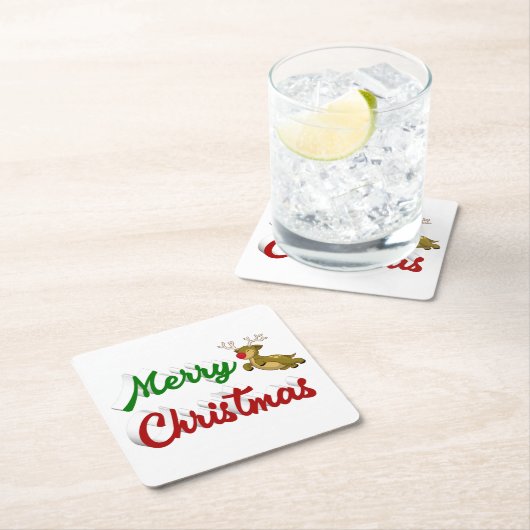 Frohe Weihnachts-Flying Rentier Rot-Grün-Skript Rechteckiger Pappuntersetzer (Vor Ort)