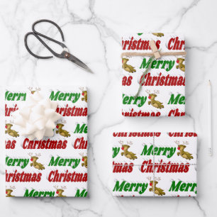 Frohe Weihnachts-Flying Rentier-Typografie Geschenkpapier Set