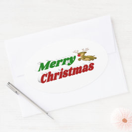 Frohe Weihnachts-Flying Rentier-Typografie Ovaler Aufkleber
