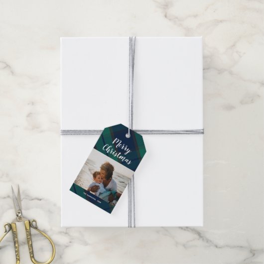 Frohe Weihnachts-Foto Black Watch Tartan Kariert Geschenkanhänger (Mit Garn)